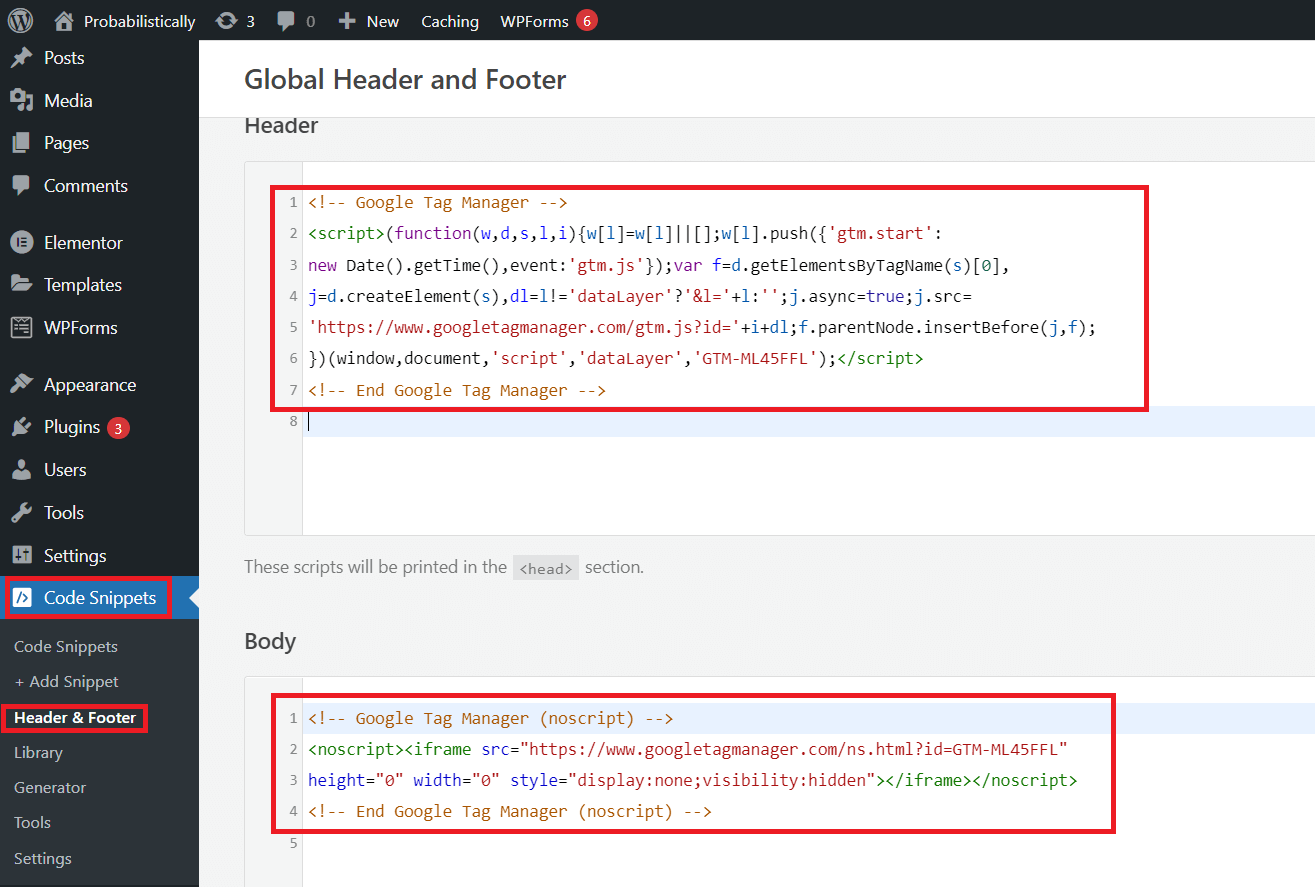Wordpress Code Snippets Header and Footer plugin GA4 code installation