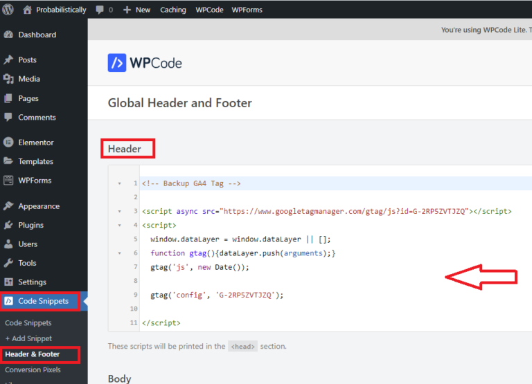 Wordpress backend of a website with GTAG installed in Header using Code Snippets plugin