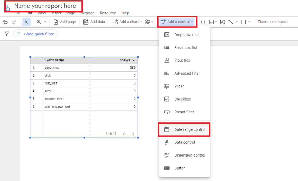 Looker Studio screenshot - add a date range control