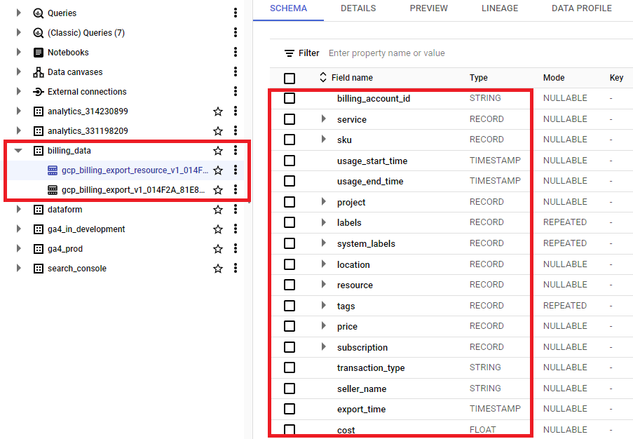 Screenshot of billing_data schema in BigQuery