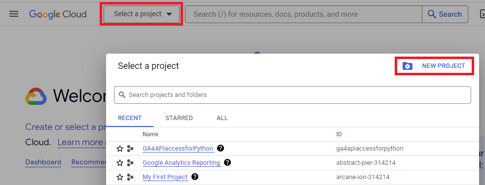 Screenshot of GCP showing how to create a new project