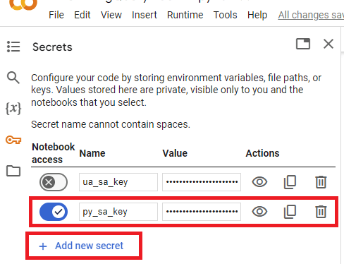 Screenshot of Google Colab showing how to add a secret key