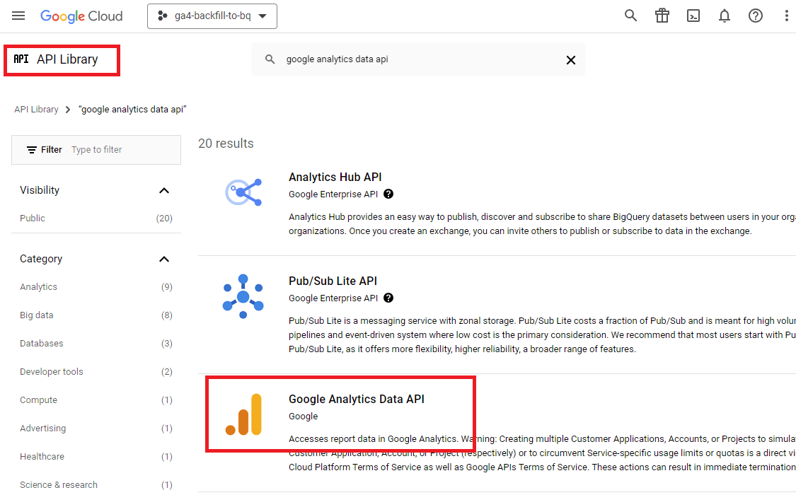 Screenshot of GCP showing how to enable the Google Analytics Data API