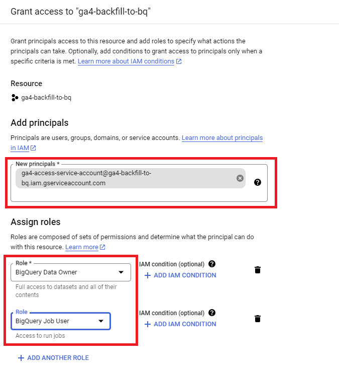 Screenshot of GCP showing how to add BigQuery permissions to a service account