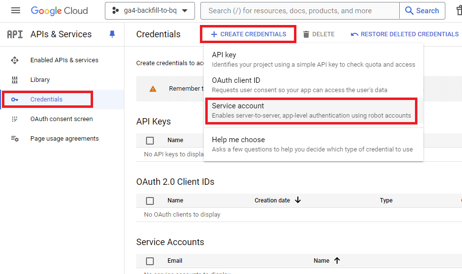 Screenshot of GCP showing how to create a new service account