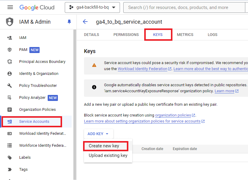 Screenshot of GCP showing how to add a service account API key
